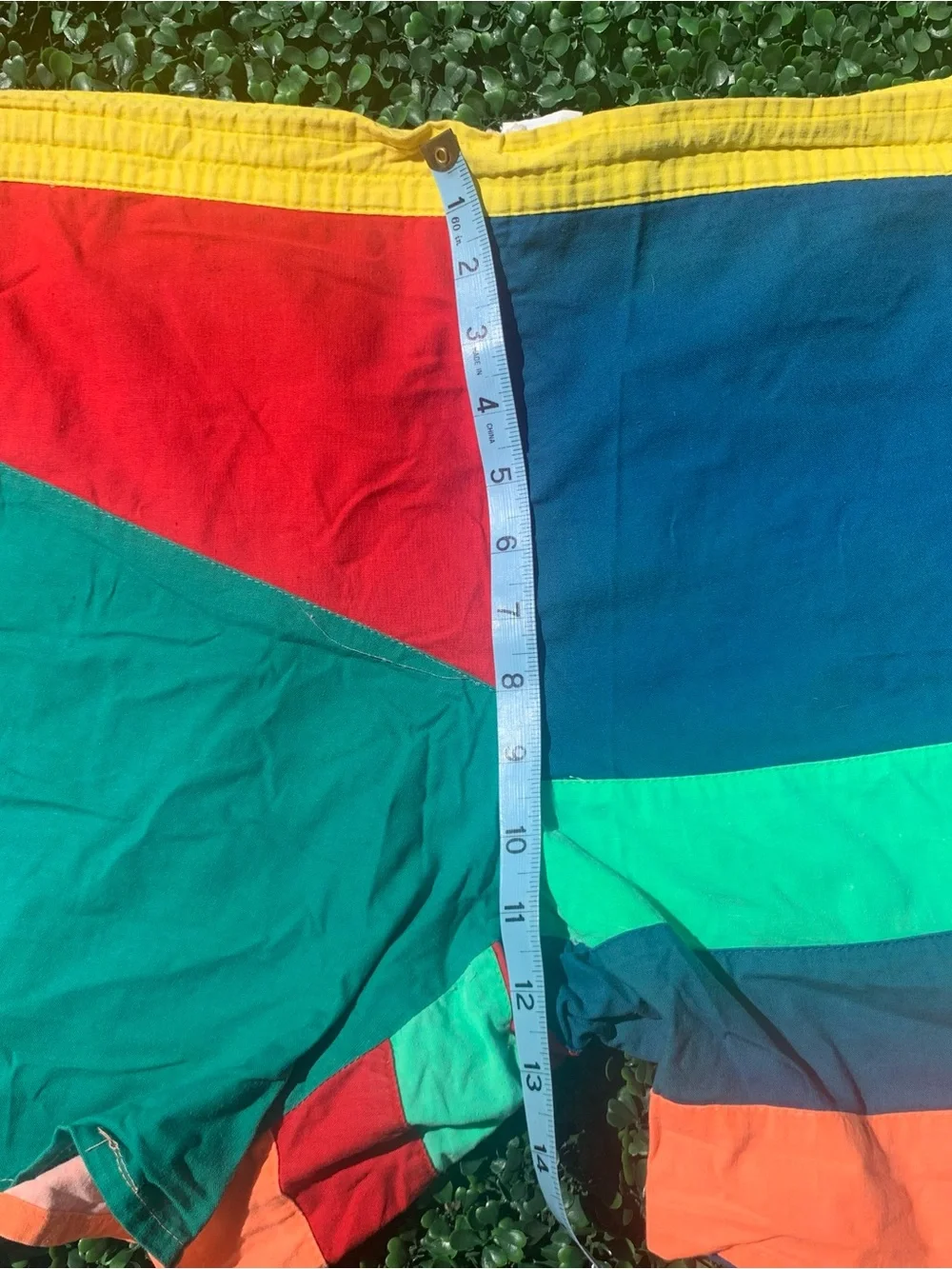 Vintage vibrant colorblock cotton swim trunks - needs elastic repair